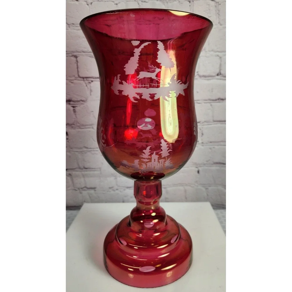 Antique Egermann Candle Holder Vase  Bohemian Ruby Red Cut to Clear Deer Chalet